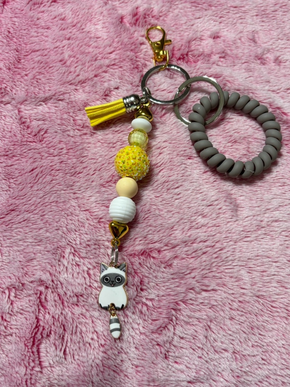 Yellow Beaded Kitty Keychain Wristlet - Fun Unique Accessories